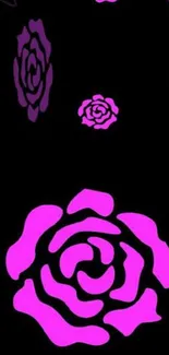 Vibrant pink floral wallpaper on black background with abstract rose designs.