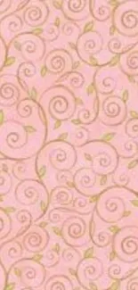 A pink floral wallpaper with swirls and green leaves for mobile phones.