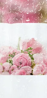 Pink roses behind a rainy glass effect wallpaper.