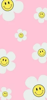 Pink wallpaper with white flowers and smiley faces.