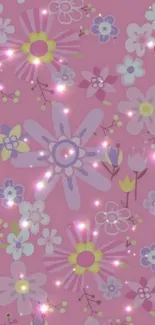 Whimsical pink floral wallpaper with sparkling design.