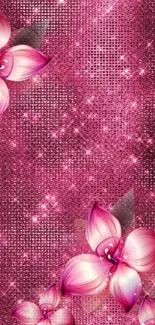 Vibrant pink floral wallpaper with shimmering sparkles.