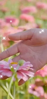 A hand touching pink flowers with sparkles in a serene field.