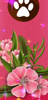 Pink floral wallpaper with sparkle effects and green leaves.