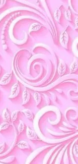 Pink floral swirl wallpaper with elegant leaf designs.