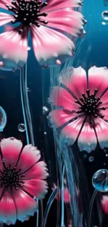 Pink flowers with water droplets on a deep blue background.