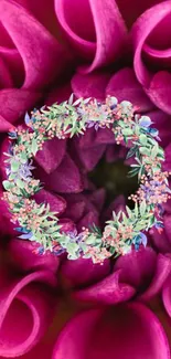 Pink dahlia with floral wreath in the center.