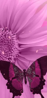 Pink flower with a butterfly overlay on a mobile wallpaper.