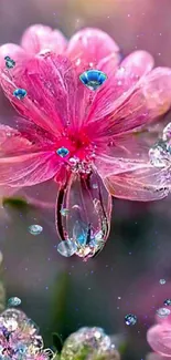 Close-up of pink flowers with shimmering dewdrops, creating a serene mobile wallpaper.