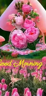 Pink floral morning wallpaper with greeting message.