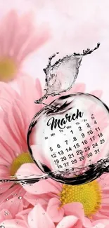 Pink flower wallpaper with March calendar design for mobile phones.