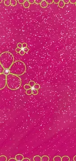 Bright pink wallpaper with floral design and sparkles.