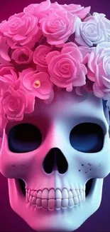 Skull with pink rose crown art design for phone wallpaper.