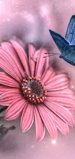 Pink flower with a blue butterfly on a serene background.