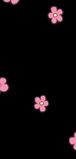 Mobile wallpaper with pink flowers on a black background.