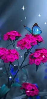 Pink flowers with blue butterfly in serene nature wallpaper.