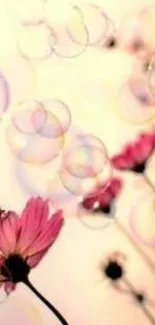 Serene pink flowers and bubbles on mobile wallpaper.