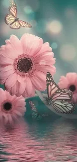 Mobile wallpaper with pink flowers and butterflies over water.