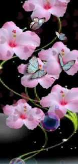 Pink flowers and butterflies on a dark background.