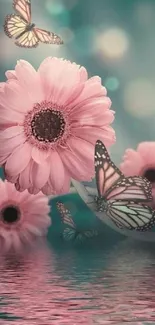 Pink flowers and butterflies on a teal background, creating serene digital art.