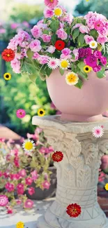 Elegant pink garden flowers on stone pedestal in summer.