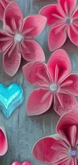 Pink flowers with blue heart mobile wallpaper.