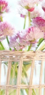 Pink flowers in wicker vase wallpaper.