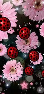 Pink flowers with ladybugs mobile wallpaper.