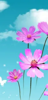 Pink flowers against a blue sky with clouds and butterfly.