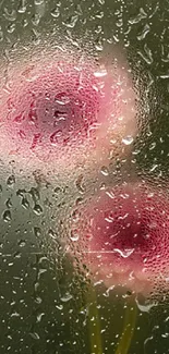 Blurred pink flowers behind foggy glass on a phone wallpaper.