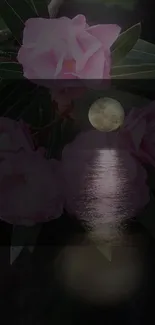 A serene scene of pink flowers under moonlight with a lake reflection.