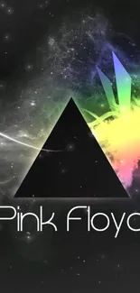 Pink Floyd prism art with vibrant cosmic colors on black background.