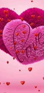 Pink fluffy heart wallpaper with love script.