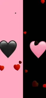 Dual-tone wallpaper with pink and black backgrounds featuring scattered hearts.