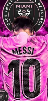 Pink football jersey with number 10 and Miami club logo background.