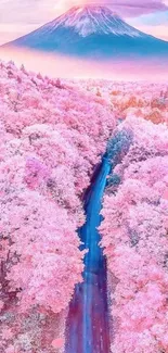 Beautiful pink forest with a scenic mountain in the background.