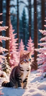 Charming cat in a snowy pink forest scene.