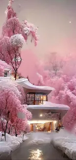 Pink snowy forest with dreamlike architecture.