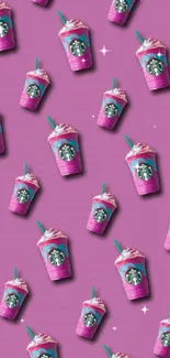 Pink frappuccino pattern wallpaper with scattered coffee cups.