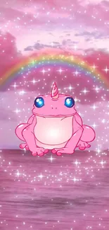 Pink frog unicorn with sparkling rainbow background.