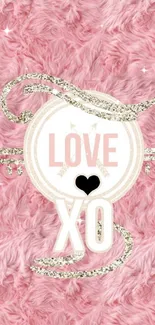 Pink furry wallpaper with LOVE XO design and glitter accents.