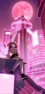 Anime girl in neon pink cityscape under a rose moon.