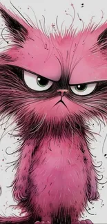 Vibrant pink cartoon cat with fuzzy fur in artistic style.