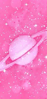 Vibrant pink galaxy wallpaper with sparkling planet and stars.