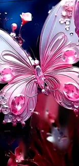 Pink butterfly with gems on a floral fantasy background.