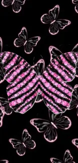 Pink gem butterfly on black background, stylish and elegant mobile wallpaper.