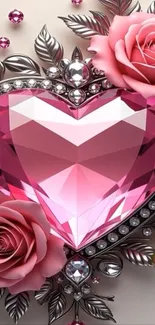 Pink gem heart surrounded by roses and silver leaves.