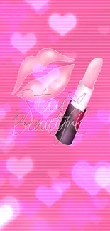 Mobile wallpaper with pink background featuring lipstick and 'Stay Beautiful' text.