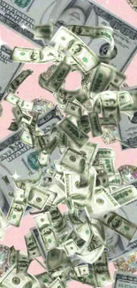 Barbie-themed dollar bills and glitter hearts on a pink background wallpaper.