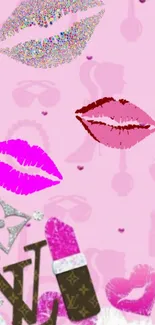 Pink wallpaper with glamorous lips and luxury accessories on a chic background.